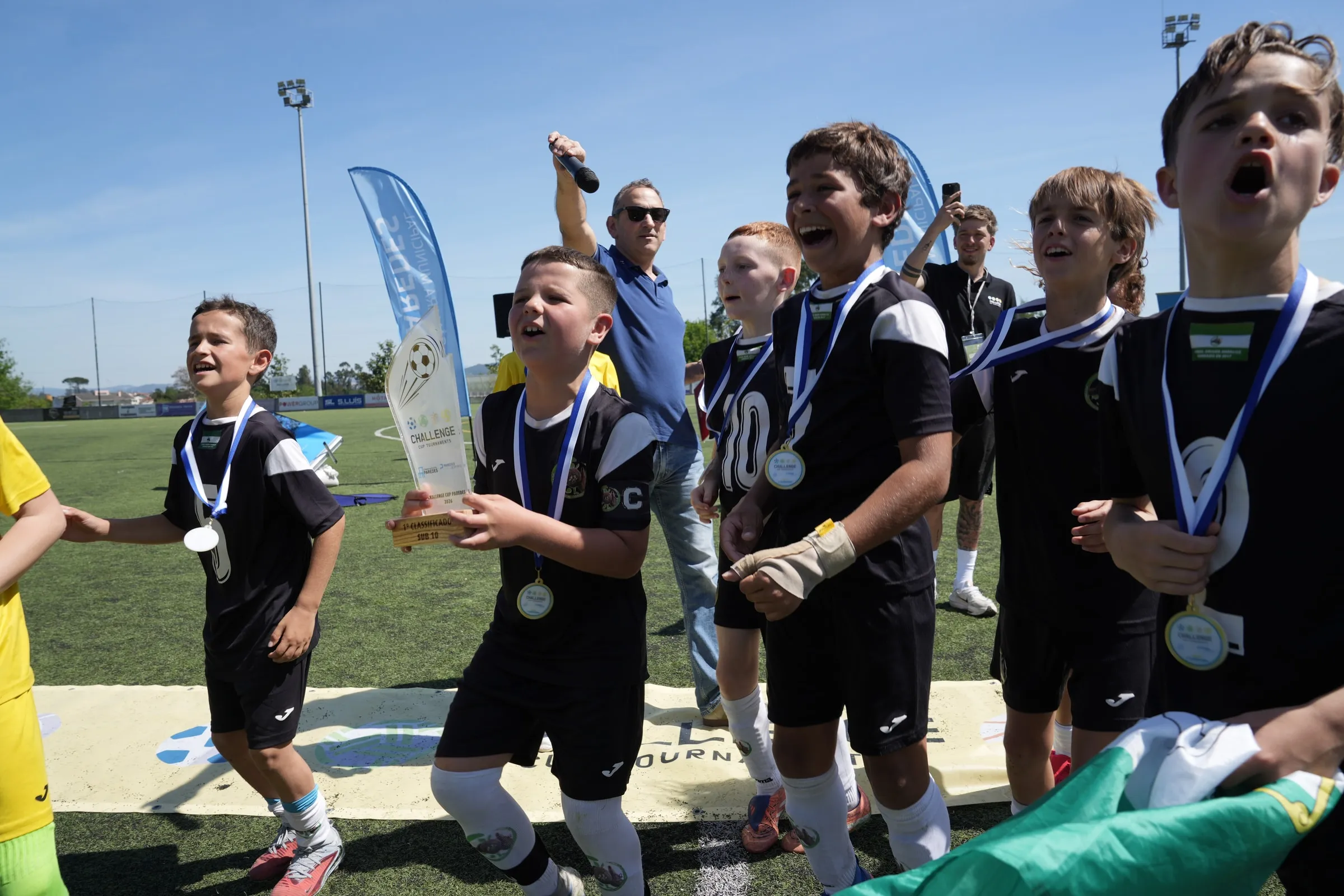 Players celebrate together.