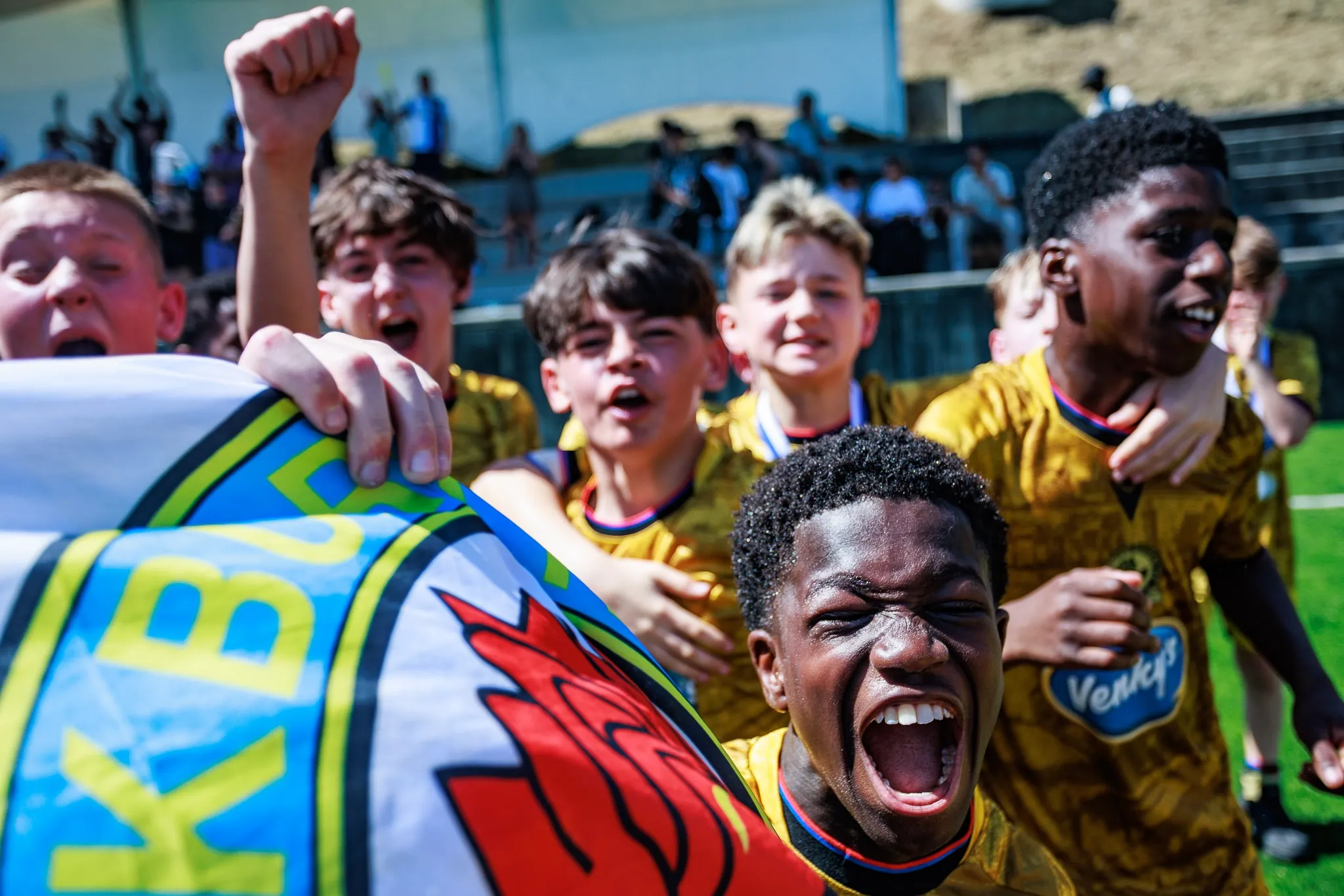 Players celebrate together.